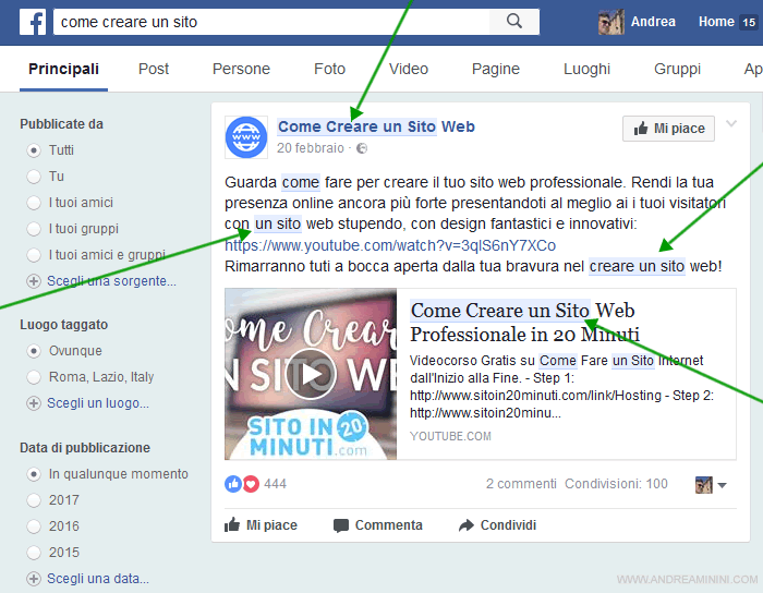 un esempio di seo copyrwiting e content marketing su Facebook