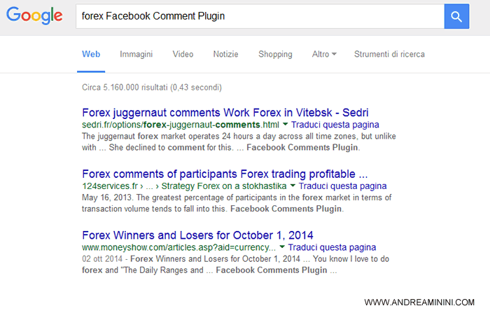 esempio di ricerca dei plugin sociali su Google