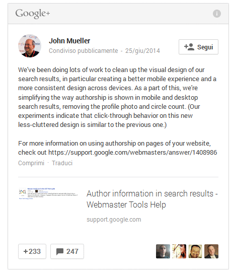 annuncio di John Mueller su Google Plus 