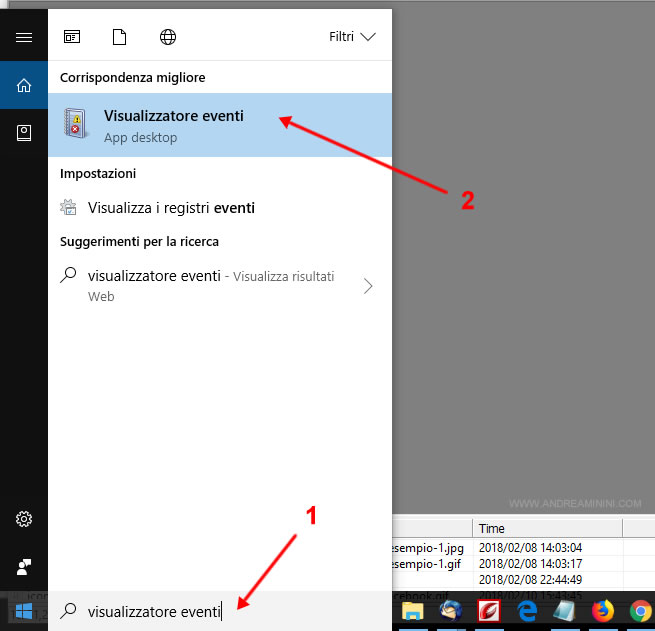 come lanciare il visualizzatore eventi di Windows 10