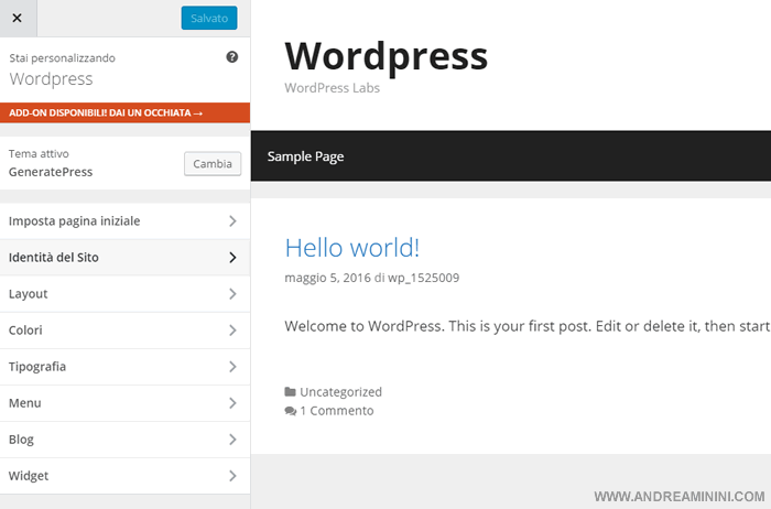 il menù di personalizzazione del sito Wordpress