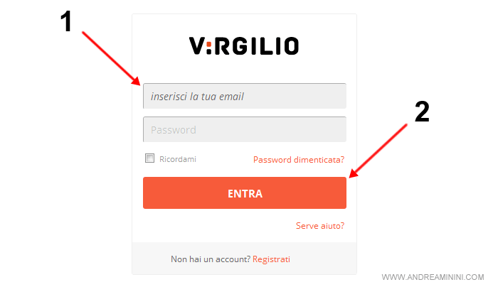 digitare l'indirizzo email e la password, poi cliccare su Entra