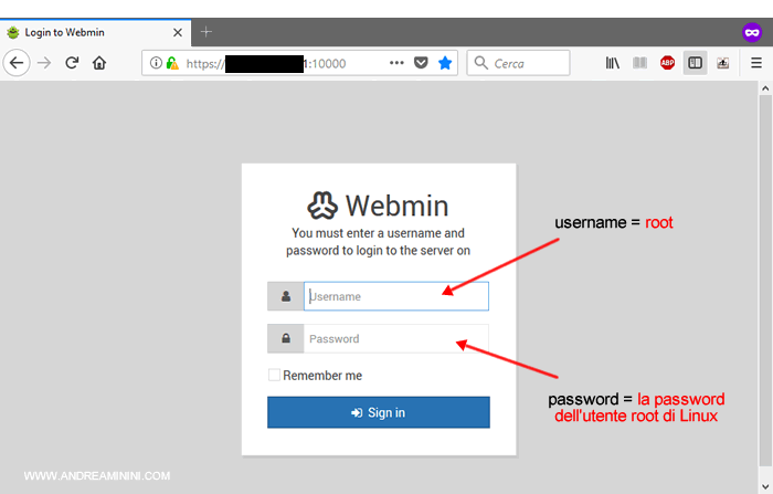il pannello di accesso su Webmin
