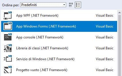 La selezione App Windows Forms
