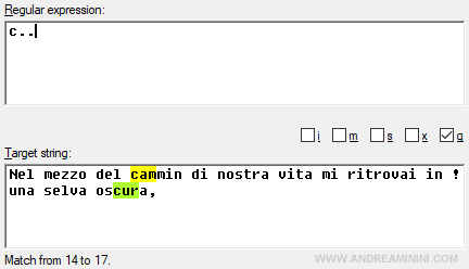 un esempio di utilizzo del carattere jolly ( punto ) nelle espressioni regolari per selezionare qualsiasi carattere