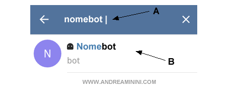 digitare il nome del bot e selezionarlo tra i risultati di ricerca