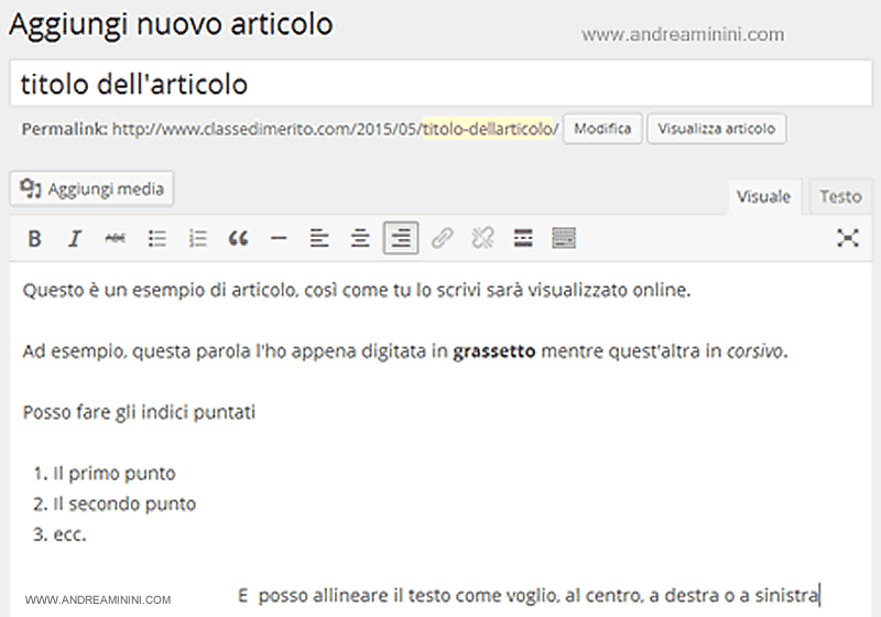 l'editor di testo del cms Wordpress