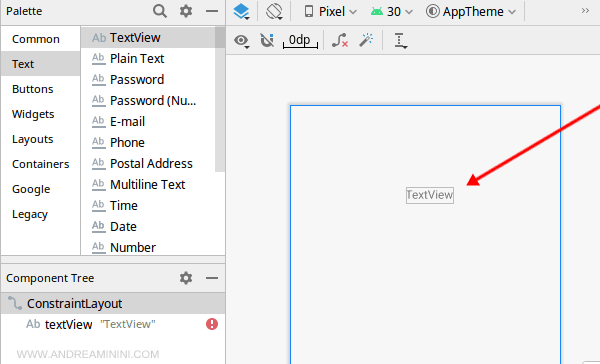 l'oggetto è stato aggiunto nel layout dell'applicazione
