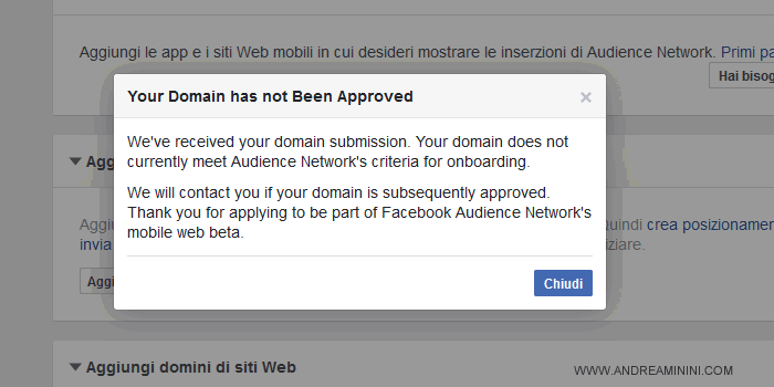 il messaggio di approvazione o meno al programma Audience Network