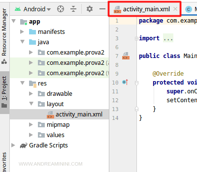 aprire il file xml del layout