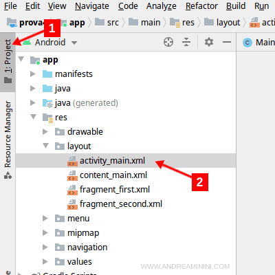 dove si trova il file di layout activity_main.xml di Android Studio