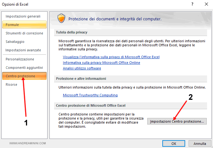 come aprire le impostazioni del centro protezione su Excel