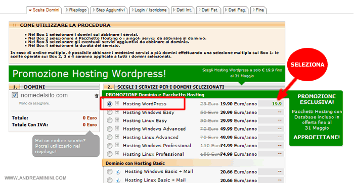 seleziono il servizio Hosting Wordpress di Aruba