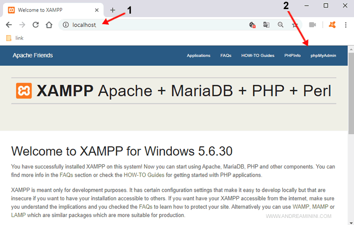 la schermata iniziale di Apache su Xampp