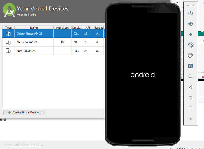 la finestra di Android Emulator 