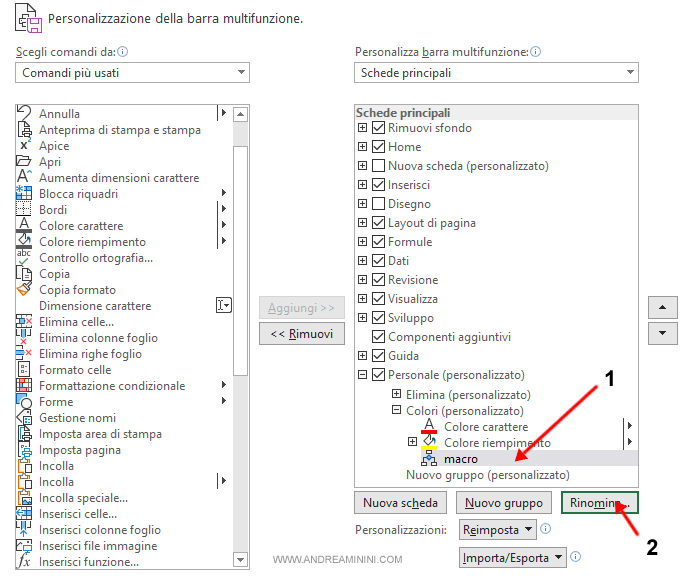 selezionare il bottone da modificare e cliccare su Rinomina