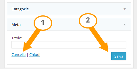 come cancellare il menù META - 1) cliccare su Cancella 2) cliccare su Salva