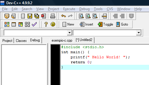 un esempio di editor IDE del linguaggio C