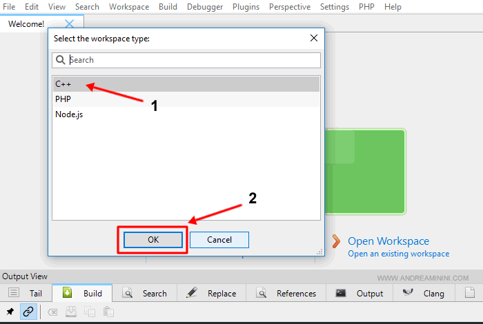 scegliere C++ come tipo di workspace