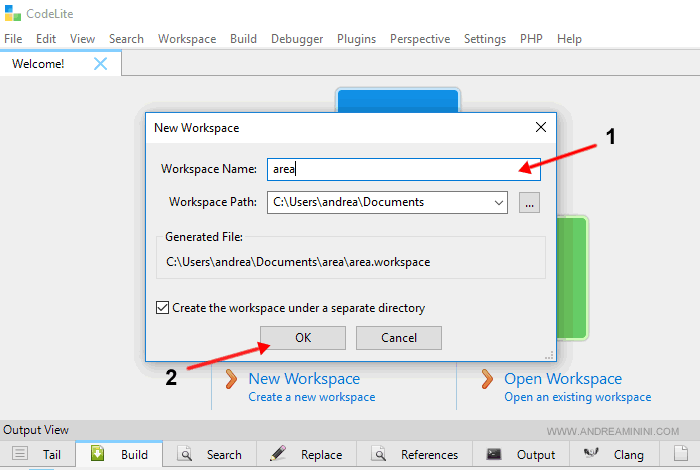 il nome e la cartella del nuovo workspace