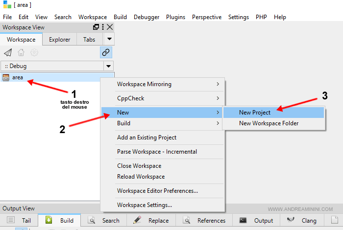 clicco con il pulsante destro del mouse sopra il workspace, seleziono New e poi Create New Project