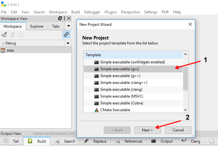seleziono la voce Simple Executable (gcc)