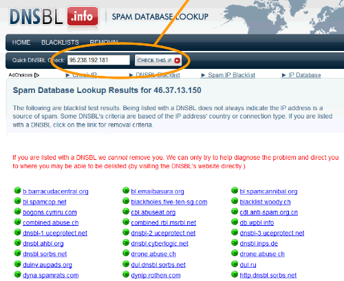 su DNSBL è sufficiente indicare il numero IP da verificare e cliccare sul pulsante check this IP