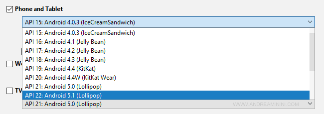 la scelta della minimum SDK di Android
