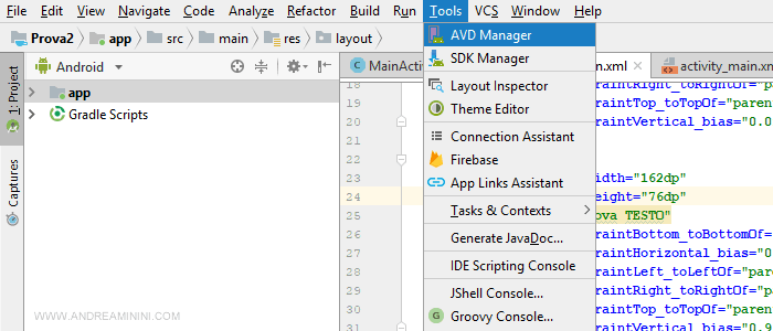 selezionare Tools e AVD manager