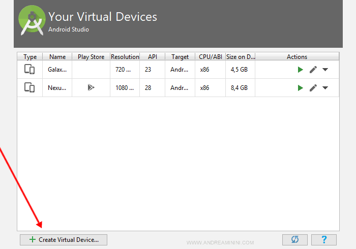 creo un nuovo device virtuale su Android