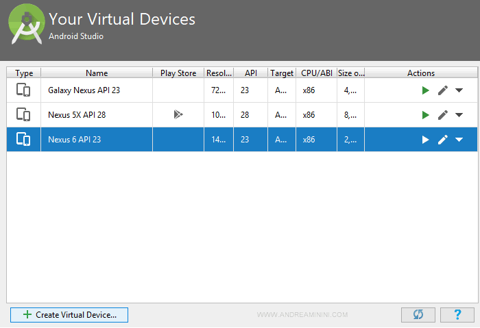 nella lista c'è anche il nuovo device virtuale 