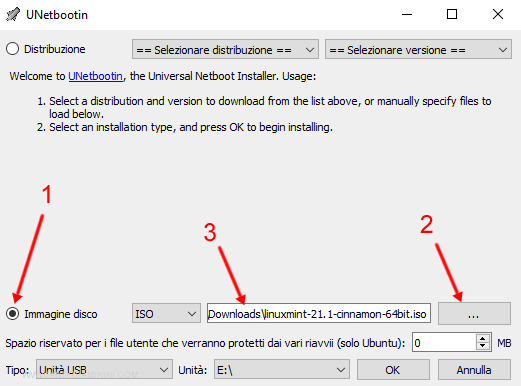 seleziono il file immagine ISO di linux
