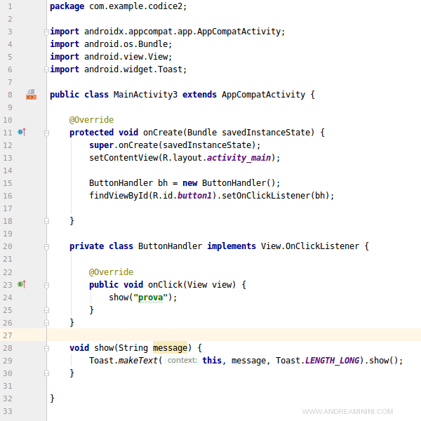 esempio pratico di codice java con il widget Toast