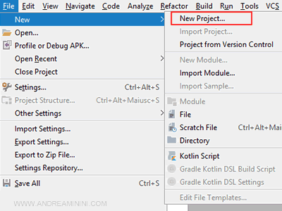 la creazione di un nuovo progetto su Android Studio