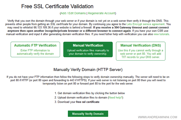 clicco su Manual Verification