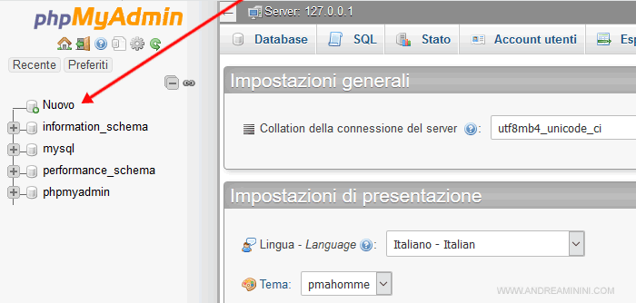 come creare un nuovo database con Xampp