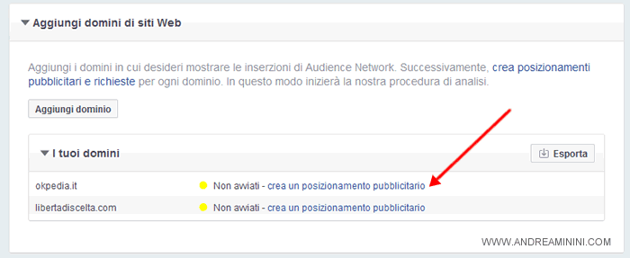 cliccare su crea posizionamento pubblicitario