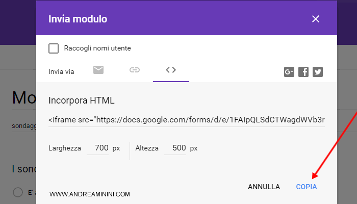 definire le dimensioni dell'iframe e cliccare su COPIA
