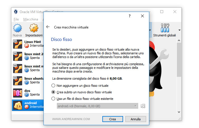 seleziono crea subito un nuovo disco virtuale
