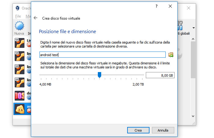 scelgo la dimensione del disco fisso virtuale