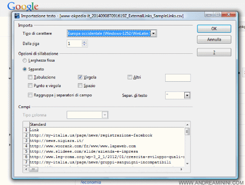 l'importazione del file csv dei link sul foglio elettronico