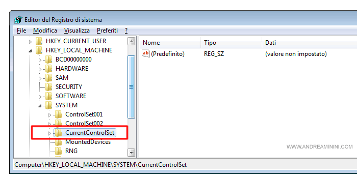 selezionare CURRENTCONTROLSET