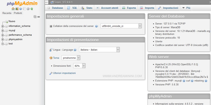 l'area di lavoro di PhpMyAdmin