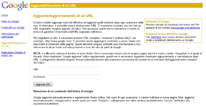 la pagina ADD URL su Google
