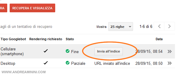 il pulsante per inviare l'URL a Google