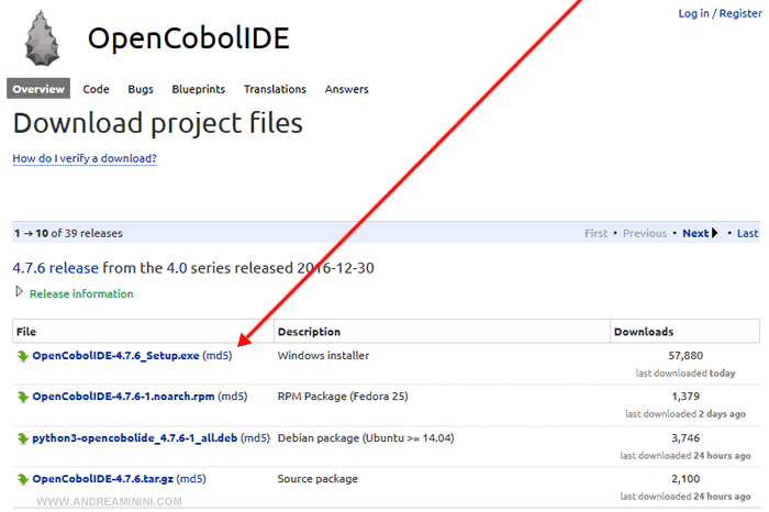 la pagina del download del compilatore Cobol free per Windows
