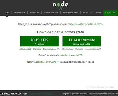 la home page del sito ufficiale di NodeJs