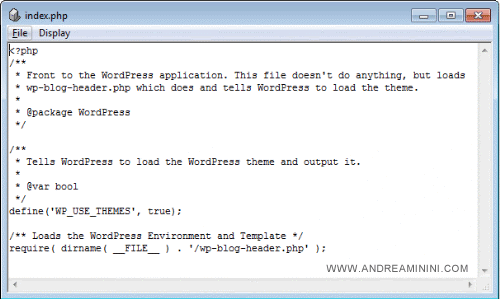 il codice sorgente del file INDEX.PHP su Wordpress