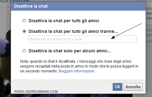 come disattivo la chat per tutti tranne che per alcuni amici