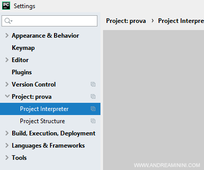 Seleziono la voce Project Interpreter